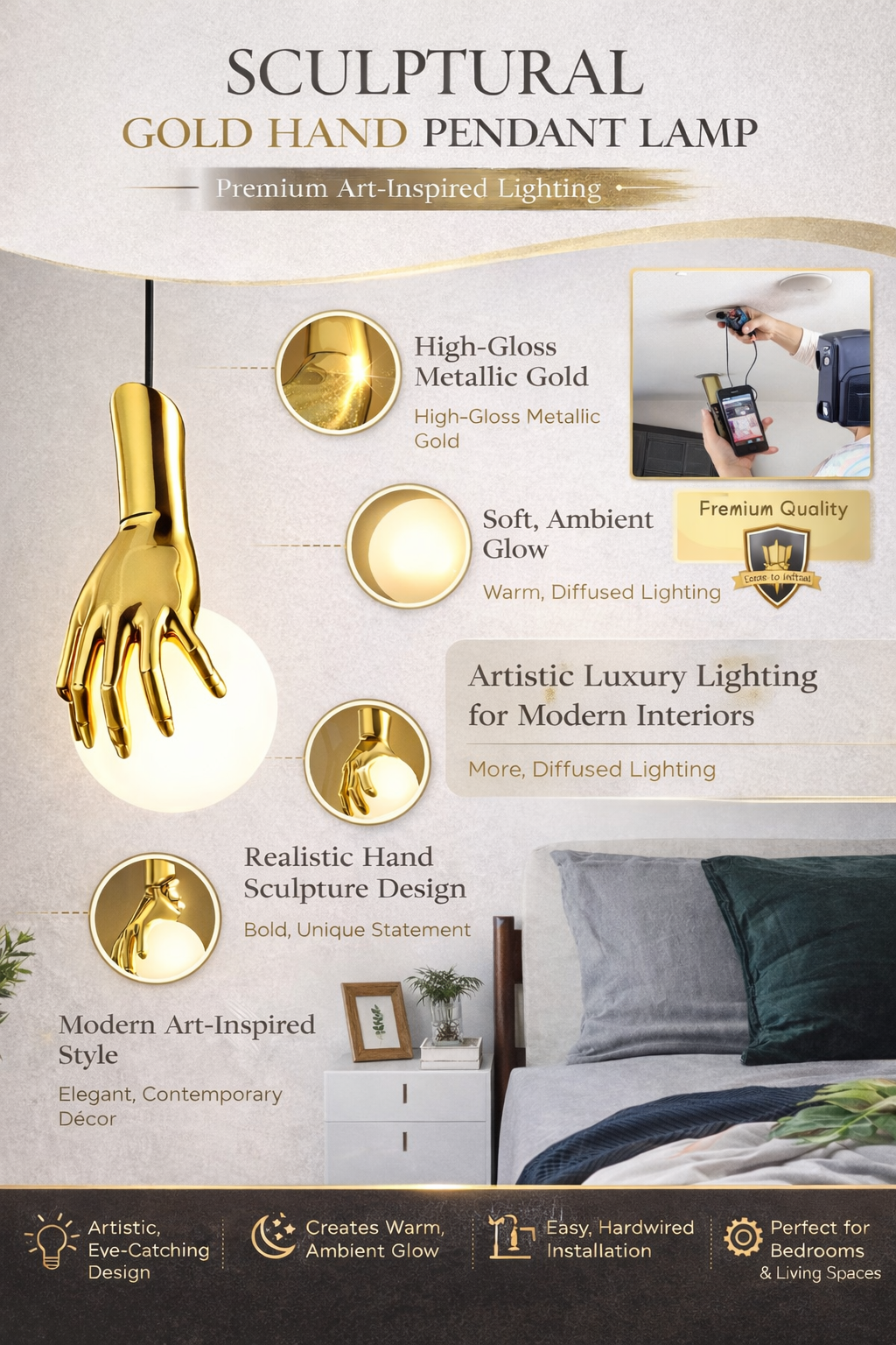 Midas Touch Sculptural Gold Hand Pendant Lamp